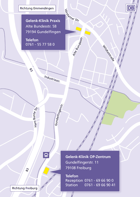 Karte mit der Praxis Gelenk-Klinik Gundelfingen und OP-Zentrum in Freiburg