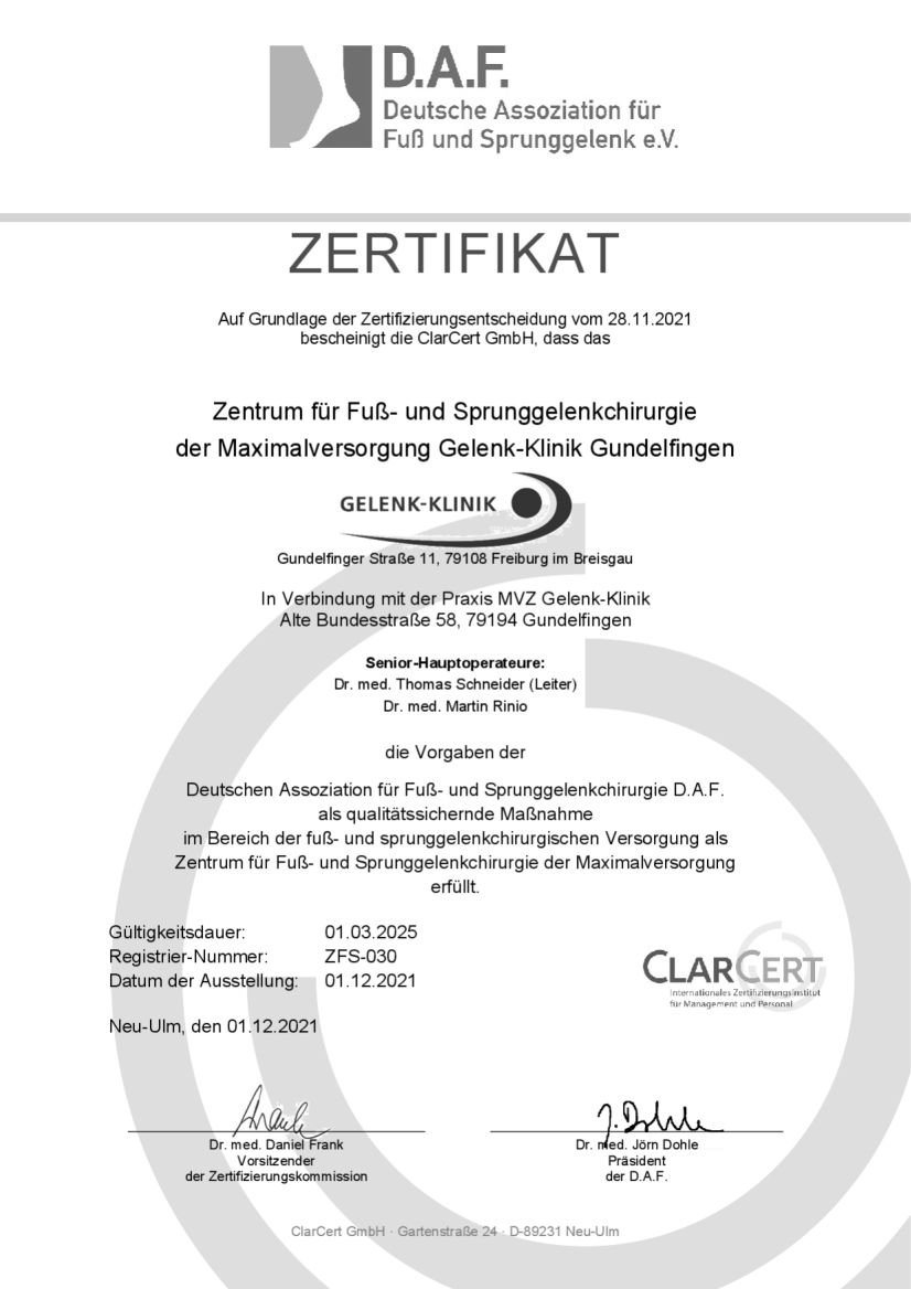 Certification as foot and ankle surgery centre (ZFSmax)