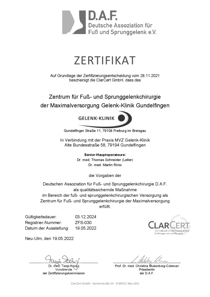 Certification as foot and ankle surgery centre (ZFSmax)
