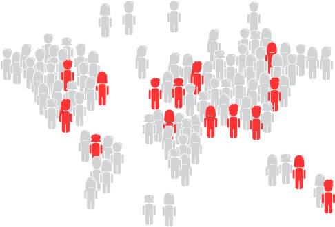 Weltkarte mit rot und grau gefärbten Menschen