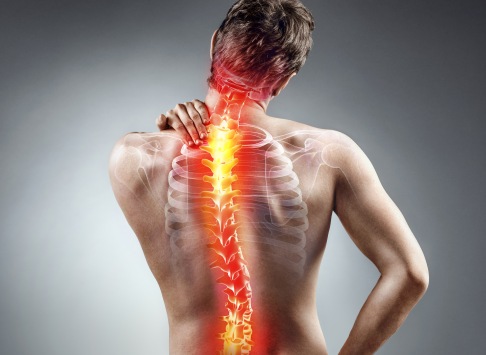 Mann mit Rückenschmerzen und Ansicht der Wirbelsäule von hinten