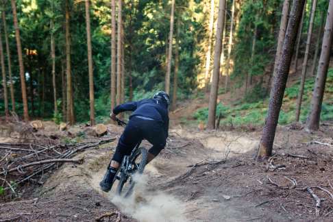 Mountainbiker bei der Abfahrt im Wald.